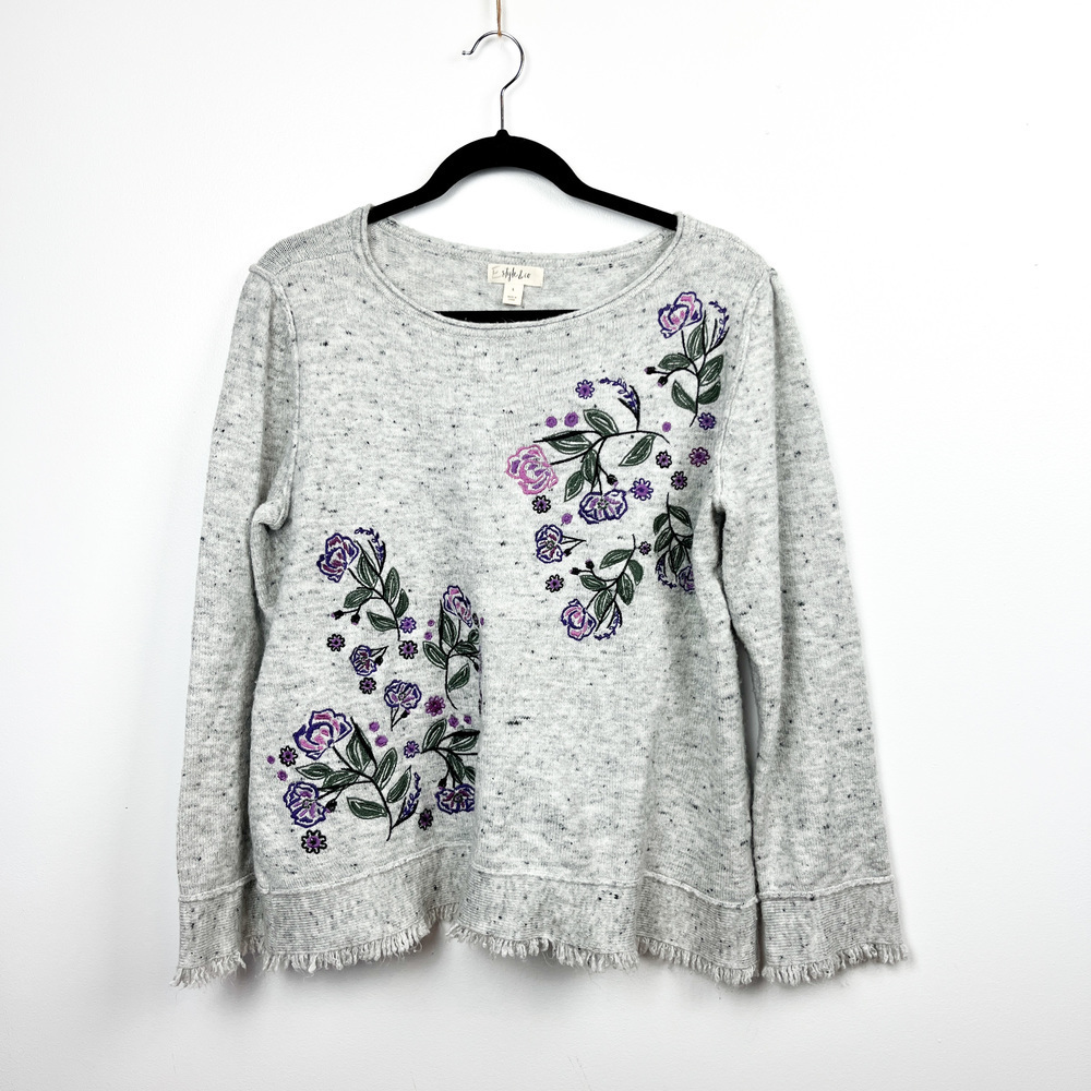 Style & Co Long Sleeve Grey Sweater with Floral Embroidery